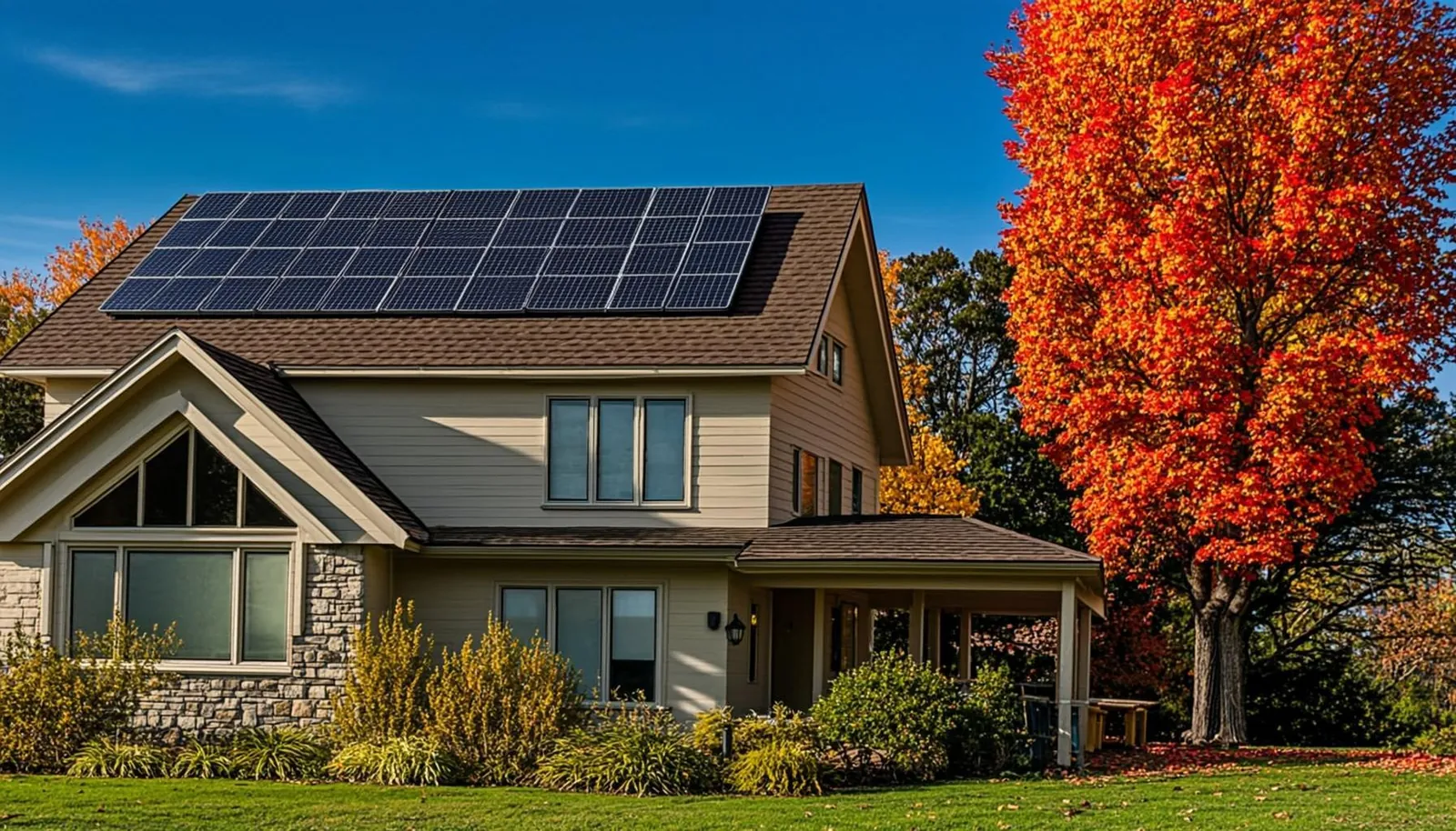 Maison de Bromont : thermopompe centrale, avec panneaux solaires sur le toit