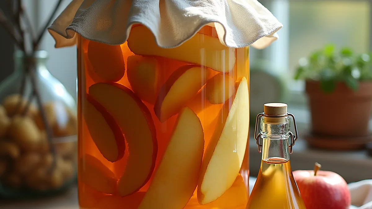 Vinaigre de cidre maison avec les pelures et les cœurs de pommes